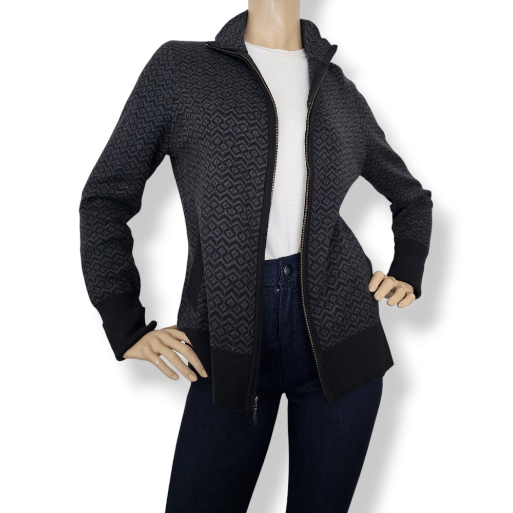 Aspen Black & Gray Geometric Print Zip-Up Sweater With Thumbholes Size Large - Picture 8 of 8